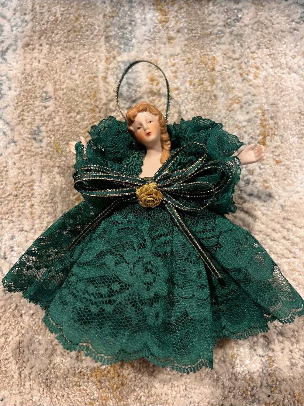 Green Lace Angel Holiday Ornament with Gold Bow porcelain z94